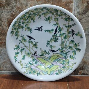 Vintage Japanese Porcelain Ware Large Bowl Hand Painted Black Birds 14 In Diamet